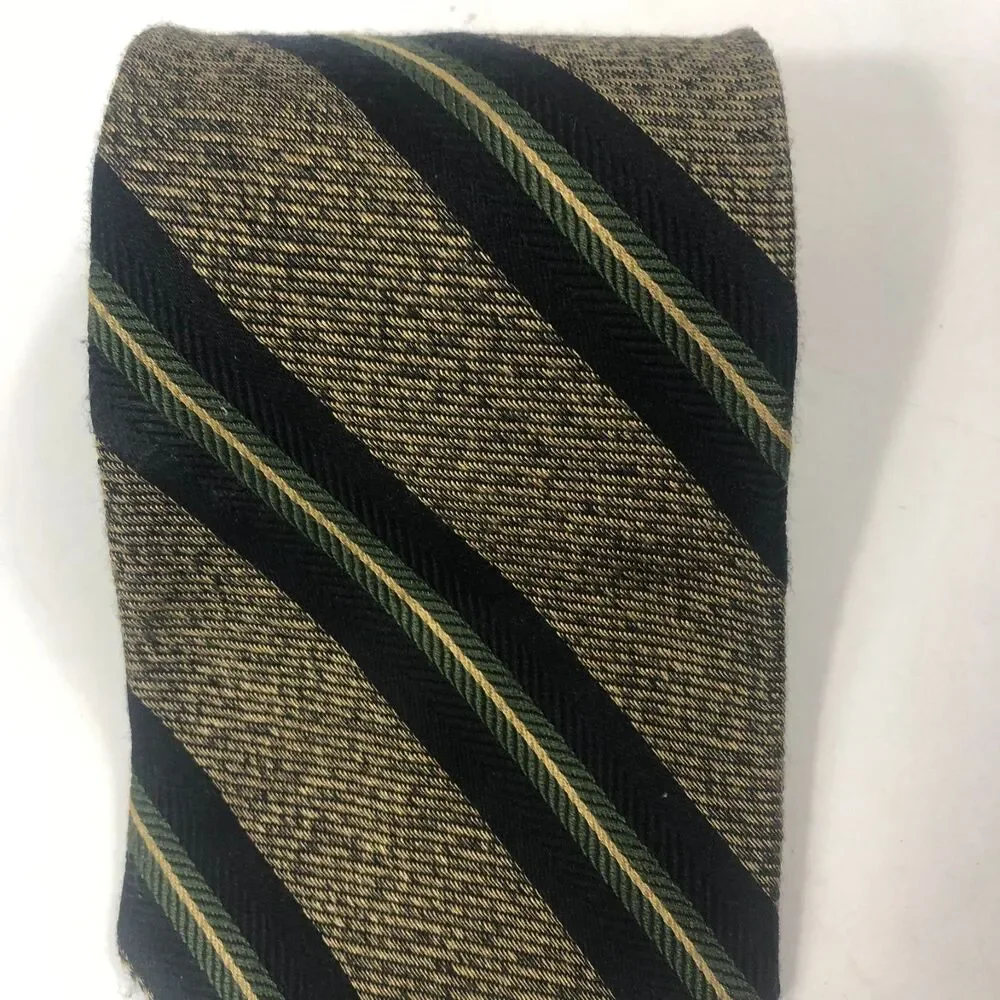 Sterling & Hunt Premier Edition Pure Silk Repp Tie Black Gold Green Stripes Ital